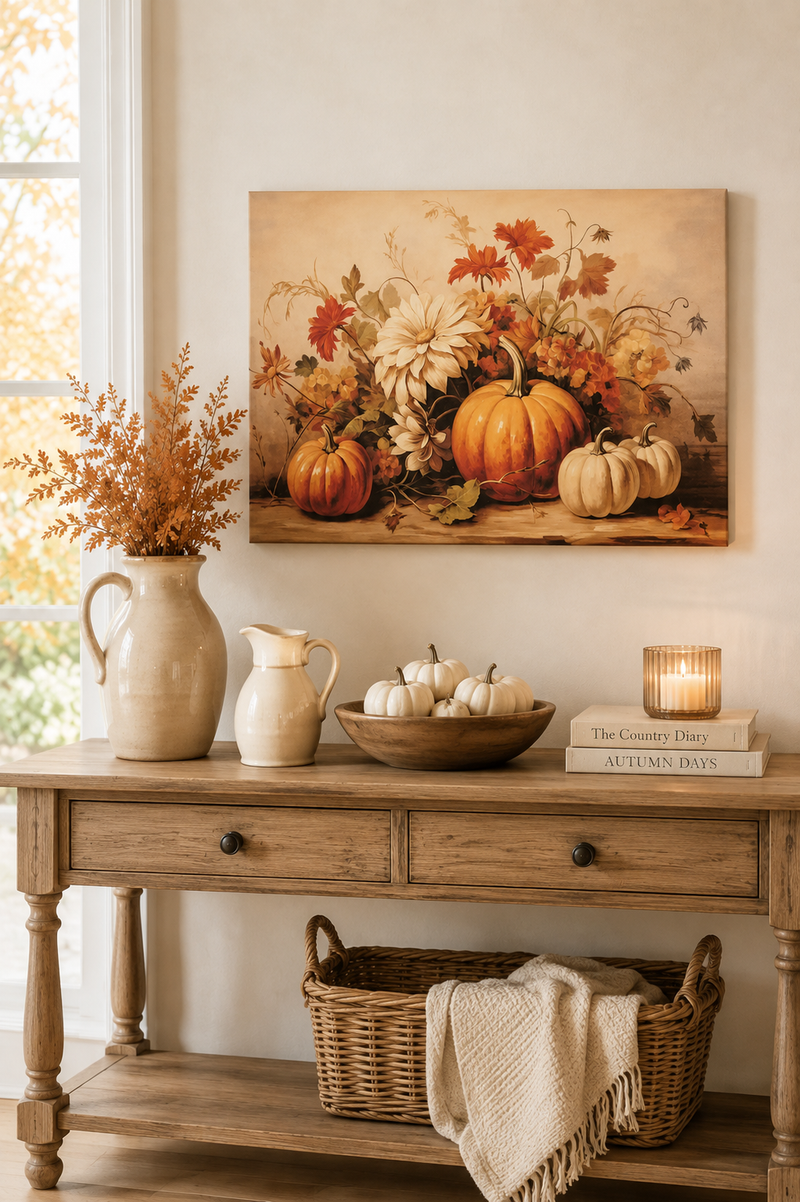 Quadro Autunnale con Zucche e Fiori 70x50 | Nuvole di Stoffa