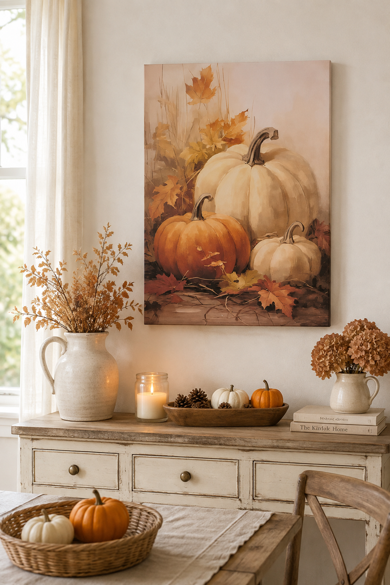 Quadro Autunnale con Zucche e Foglie 50x70 cm | Nuvole di Stoffa