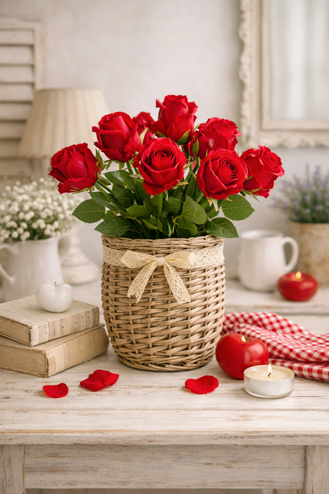 Bouquet di Rose Rosse EDG – 9 Fiori, Altezza 46 cm