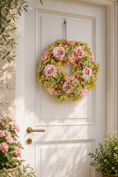 Corona Decorativa con Rose e Ortensie Artificiali Ø 30 cm