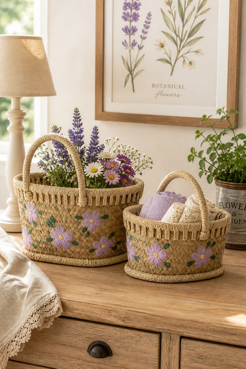 Set of 2 baskets with floral pattern handle