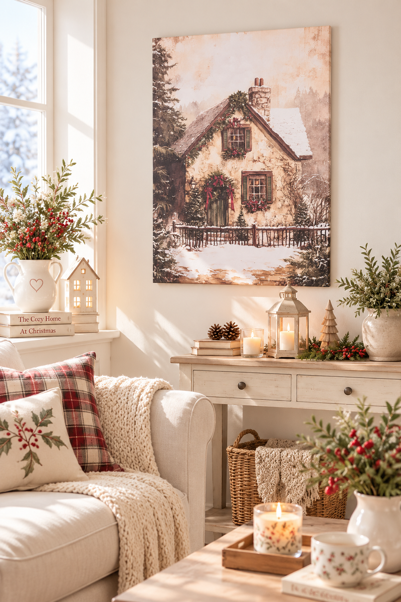 Quadro Natalizio Baita Innevata Canvas 50x70 cmNuvole di Stoffa