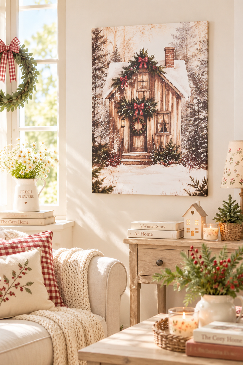 Quadro Canvas Baita in Legno Innevata 50x70 cm Nuvole di Stoffa