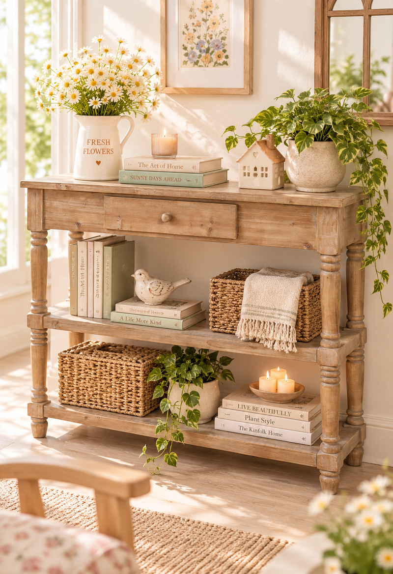 Consolle Shabby Chic in Legno Naturale con Cassetto e Ripiani 98,5×91 cm – Nuvole di Stoffa