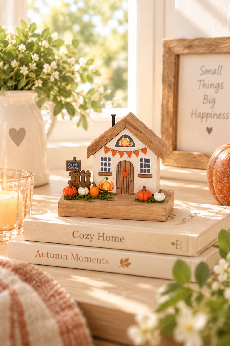 Casa Autunnale in Legno con Zucche – Pumpkin Cottage 11×10,5 cm