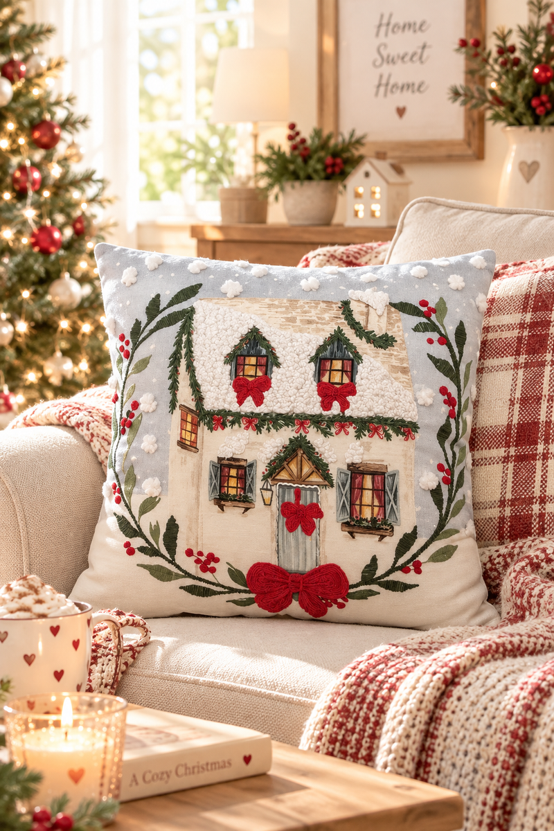 Cuscino Natalizio Cottage con Fiocchi Rossi e Bacche 45×45 cm
