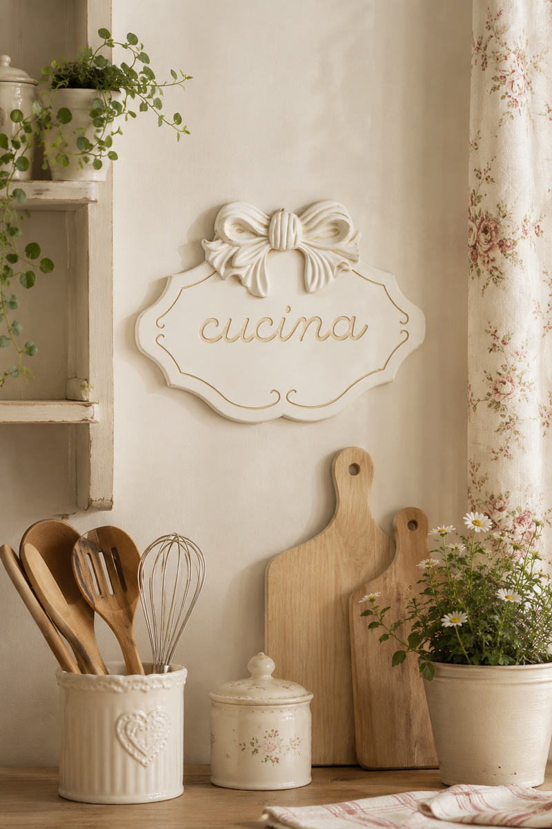 Targhetta Cucina con Fiocco in MDF 24x3x17 cm  Arte di Nacchi