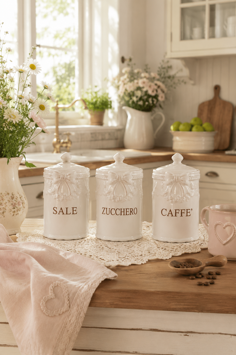 Set 3 Barattoli Sale, Zucchero e Caffè in Ceramica 10x18 cm – Arte di Nacchi