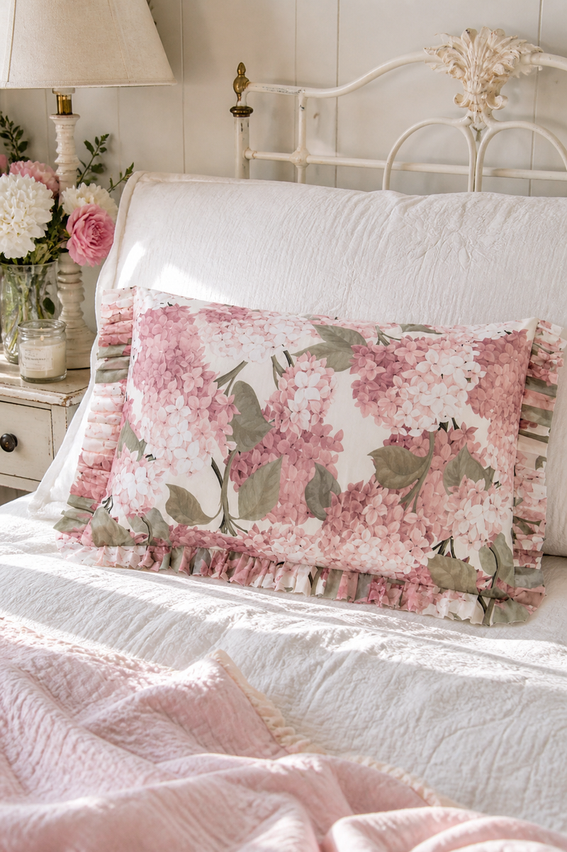 Housse de coussin avec collerette en hortensia - Blanc Mariclò