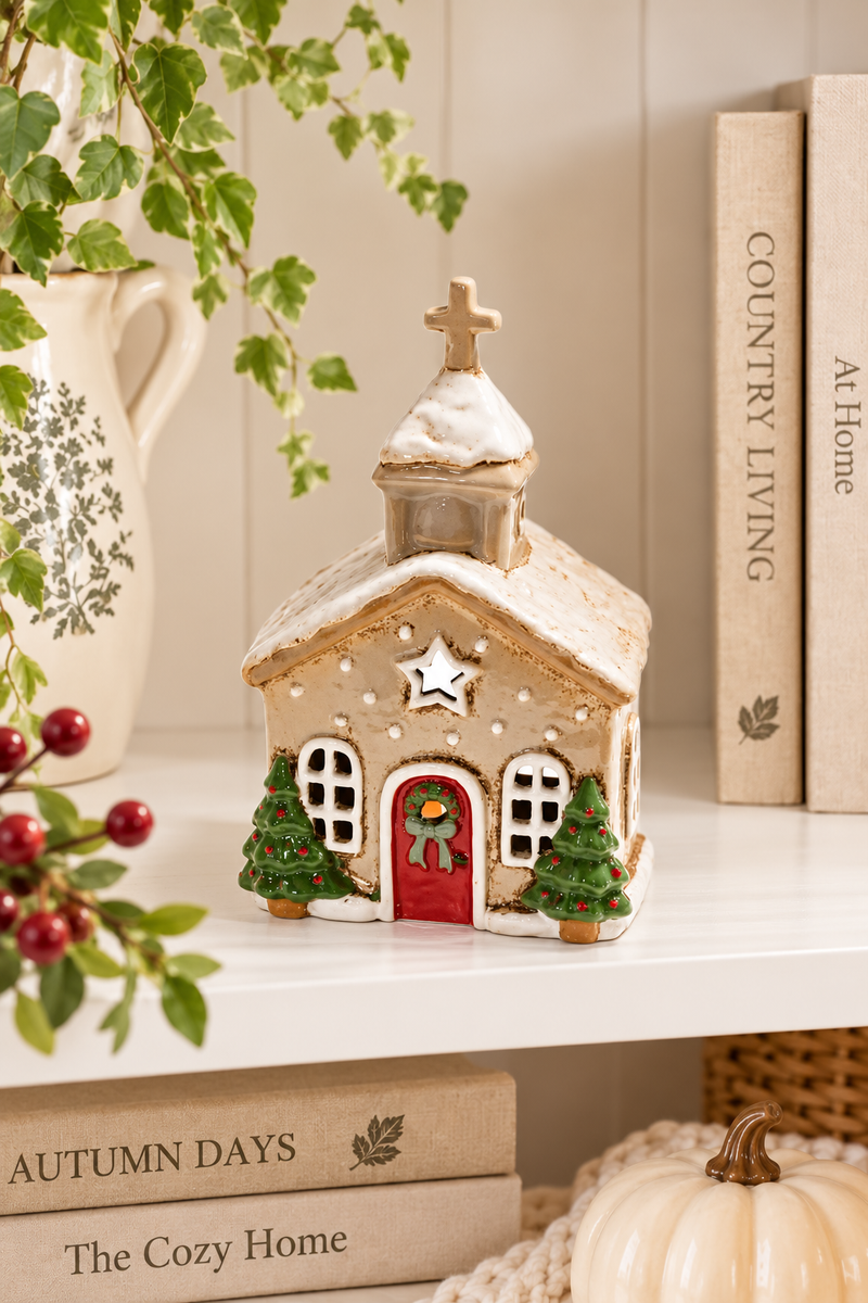 Chiesa Portacandela Tealight natalizia in Gres 13x9x21 cm