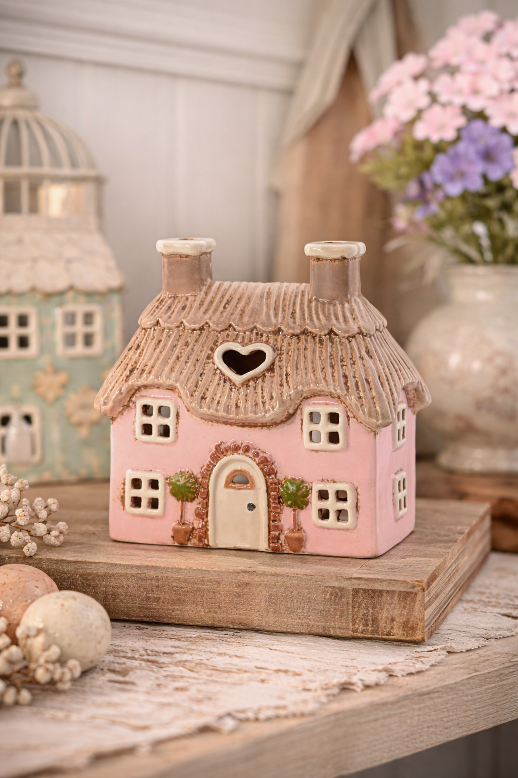Casetta Porta Tealight Cottage Pink in Ceramica
