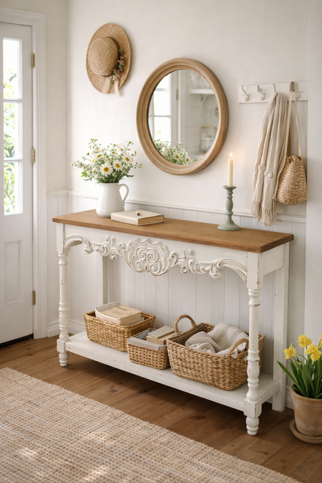 Consolle Shabby Chic in Legno Bianco Nuvole di Stoffa