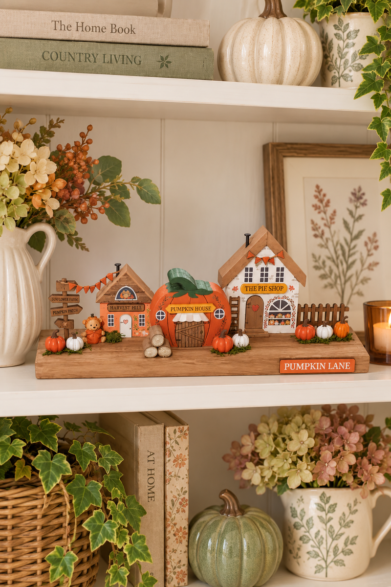 Decorazione in Legno Harvest Home con 3 Casette e Zucche