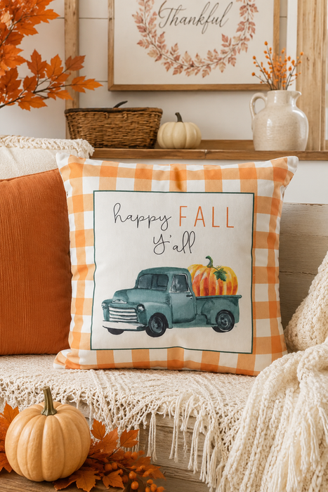 Cuscino Autunnale Happy Fall Y’all con Zucca e Camioncino Vintage
