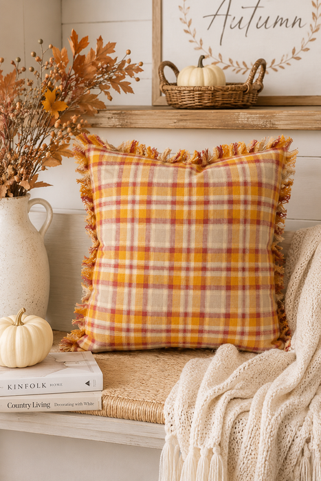 Cuscino Country Chic a Quadri in Cotone Pettinato