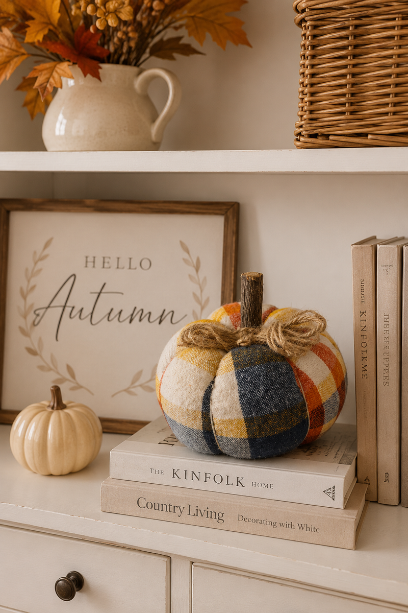 Zucca Decorativa in Flanella Scozzese Blu, Senape e Ruggine 15x13 cm