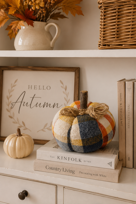 Zucca Decorativa in Flanella Scozzese Blu, Senape e Ruggine 15x13 cm