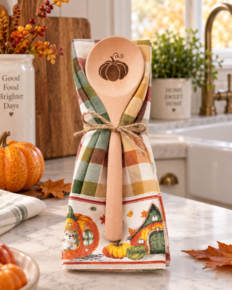 Set Cucina Autunnale: Strofinaccio e Cucchiaio in Legno con Zucca