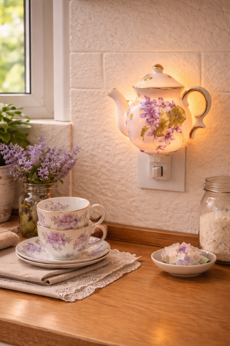 Lampada notturna Teiera in porcellana Floreale viola