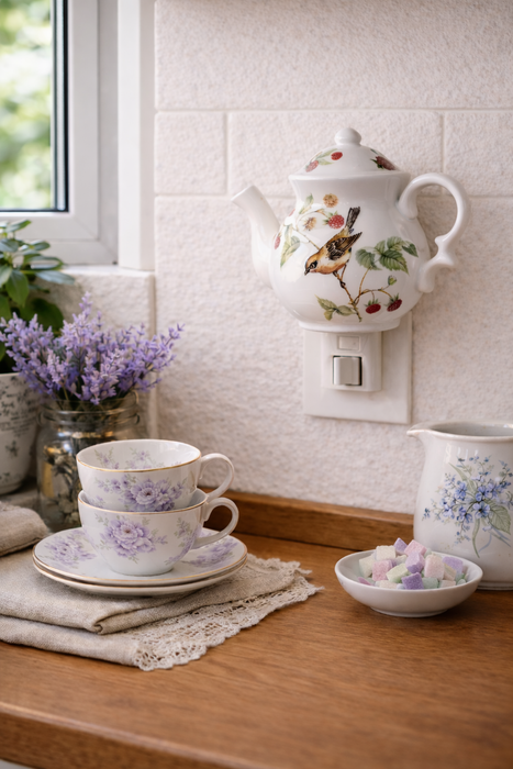 Lampada notturna Teiera in porcellana Uccellino