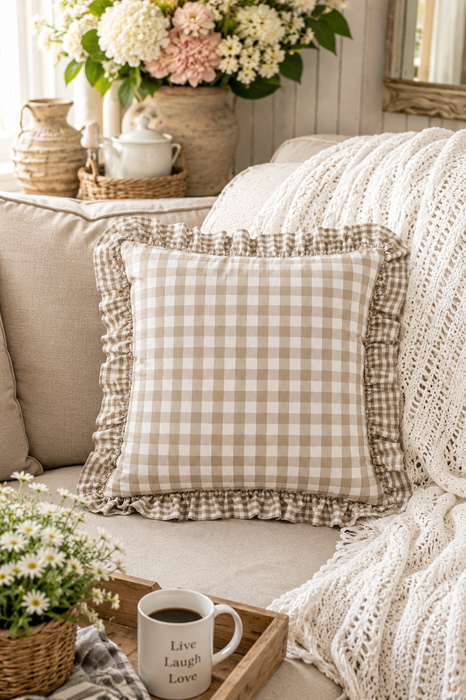Federa Cuscino Quadri Fango 40x40 cm con Volant Stile Cottage