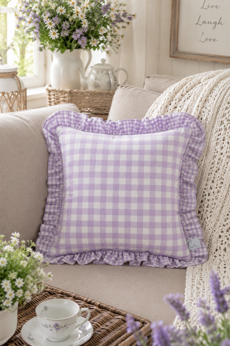 Federa Cuscino Quadri Lavanda 40x40 cm con Volant Stile Cottage