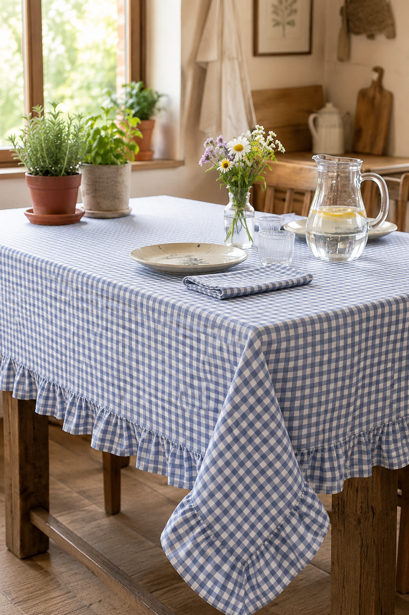 Tovaglia con Balza a Quadretti Azzurro Polvere