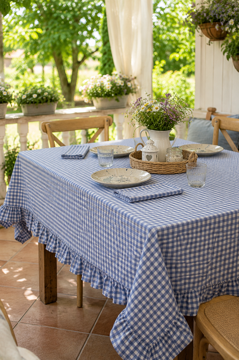 Tovaglia con Balza a Quadretti Azzurro Polvere