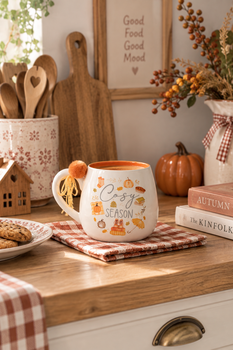 Tazza Mug Autunnale in Ceramica "Cosy Season" con Pompom Arancione