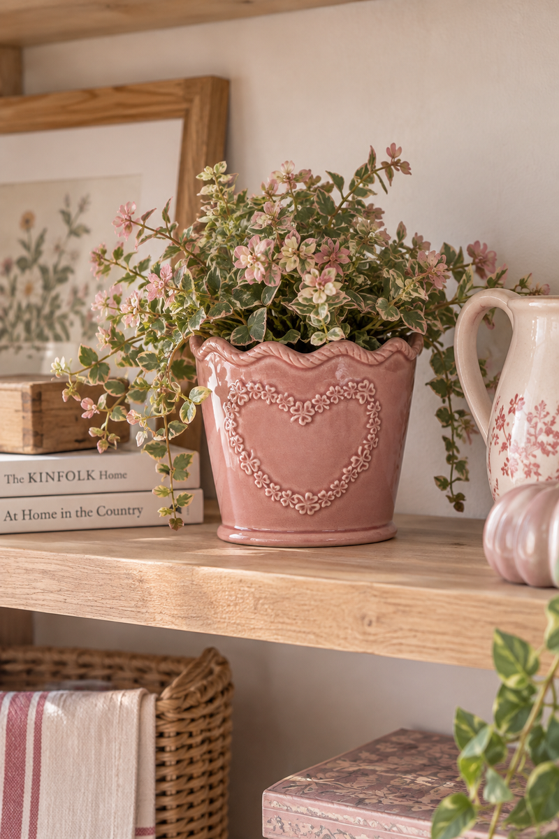 Vaso rosa in ceramica con cuore decorativo