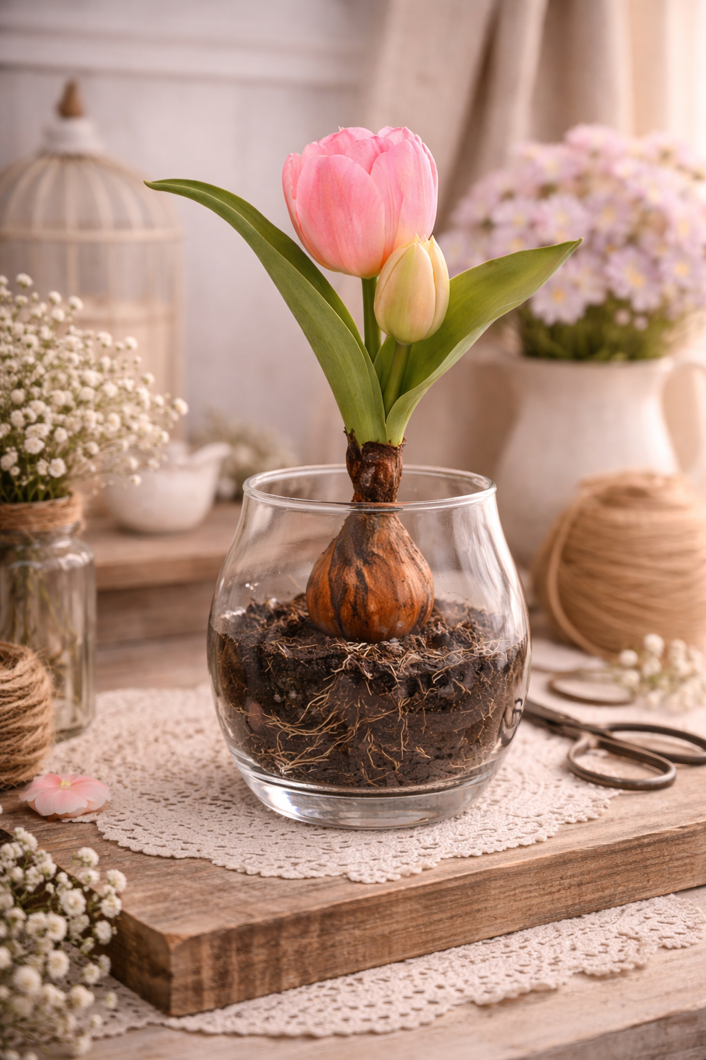 Tulipano Artificiale Rosa Sfumato con Bulbo e Radici Decorative H 20 cm