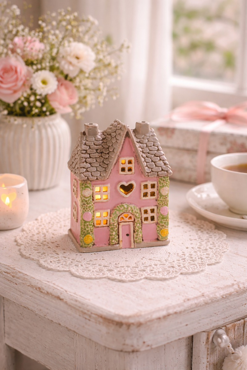 Casetta Portacandela Cottage con Ghirlanda di Rose in Gres