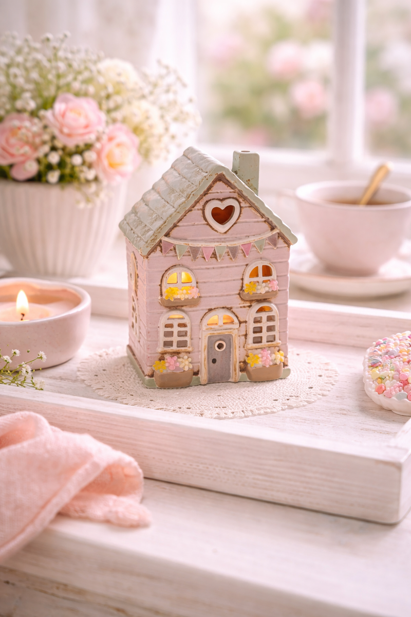 Casetta Portacandela Cottage Rosa in Gres 17,5 cm