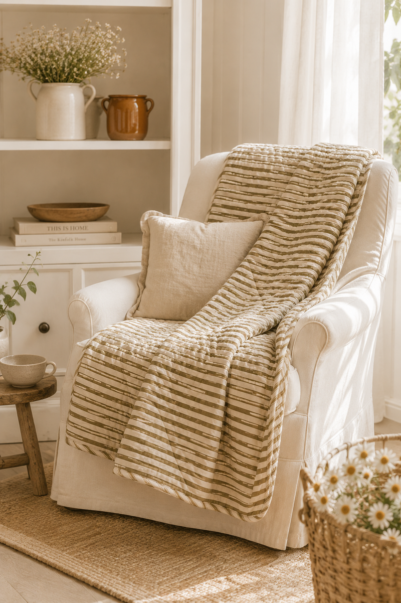 Coperta Quilt Trapuntata Sand con Righe Verde Ocra – Ib Laursen
