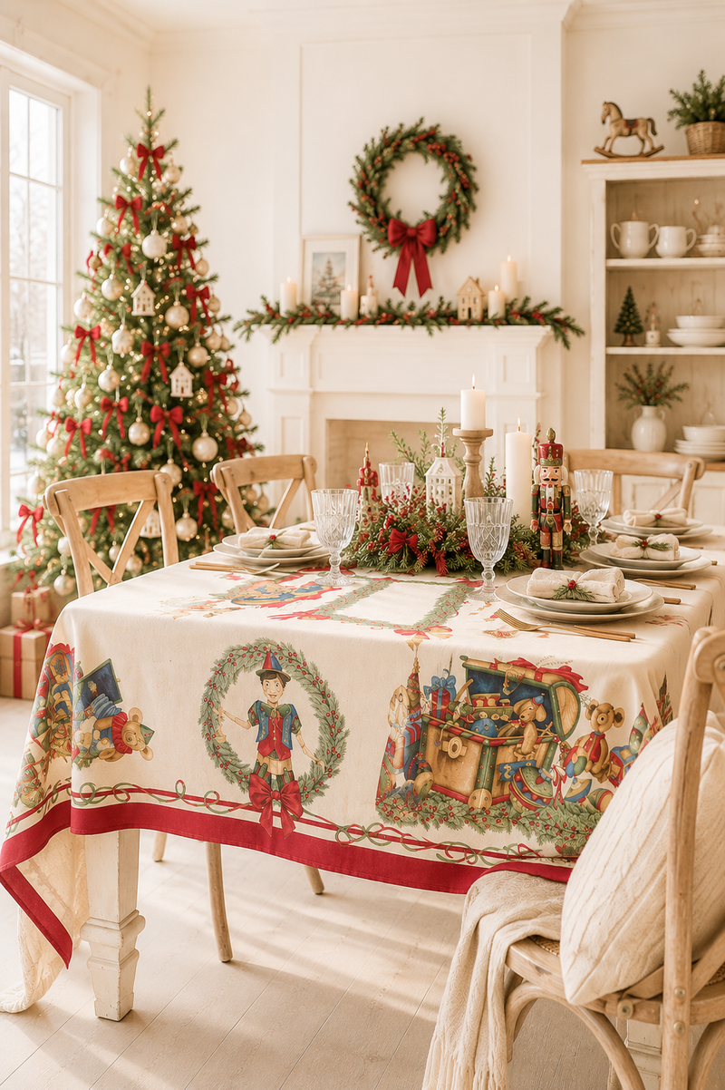 Tovaglia Natalizia Vintage Toys in Cotone 160x200 cm – Nuvole di Stoffa