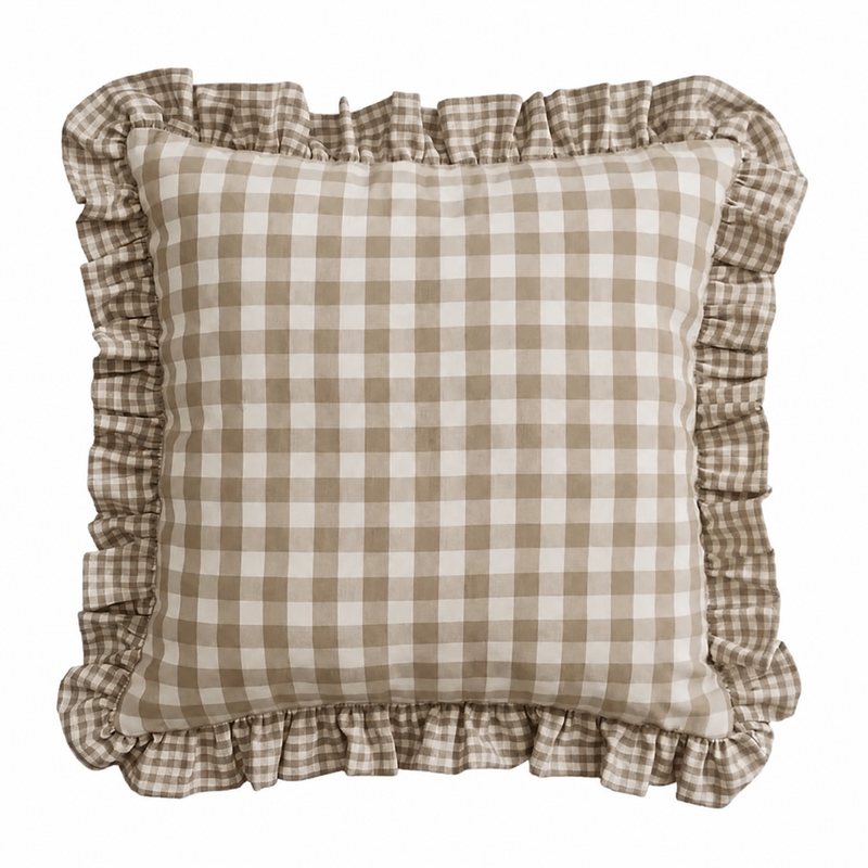 Federa Cuscino Quadri Fango 40x40 cm con Volant Stile Cottage