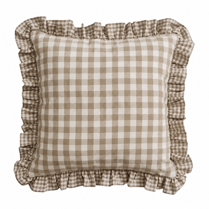 Federa Cuscino Quadri Fango 40x40 cm con Volant Stile Cottage