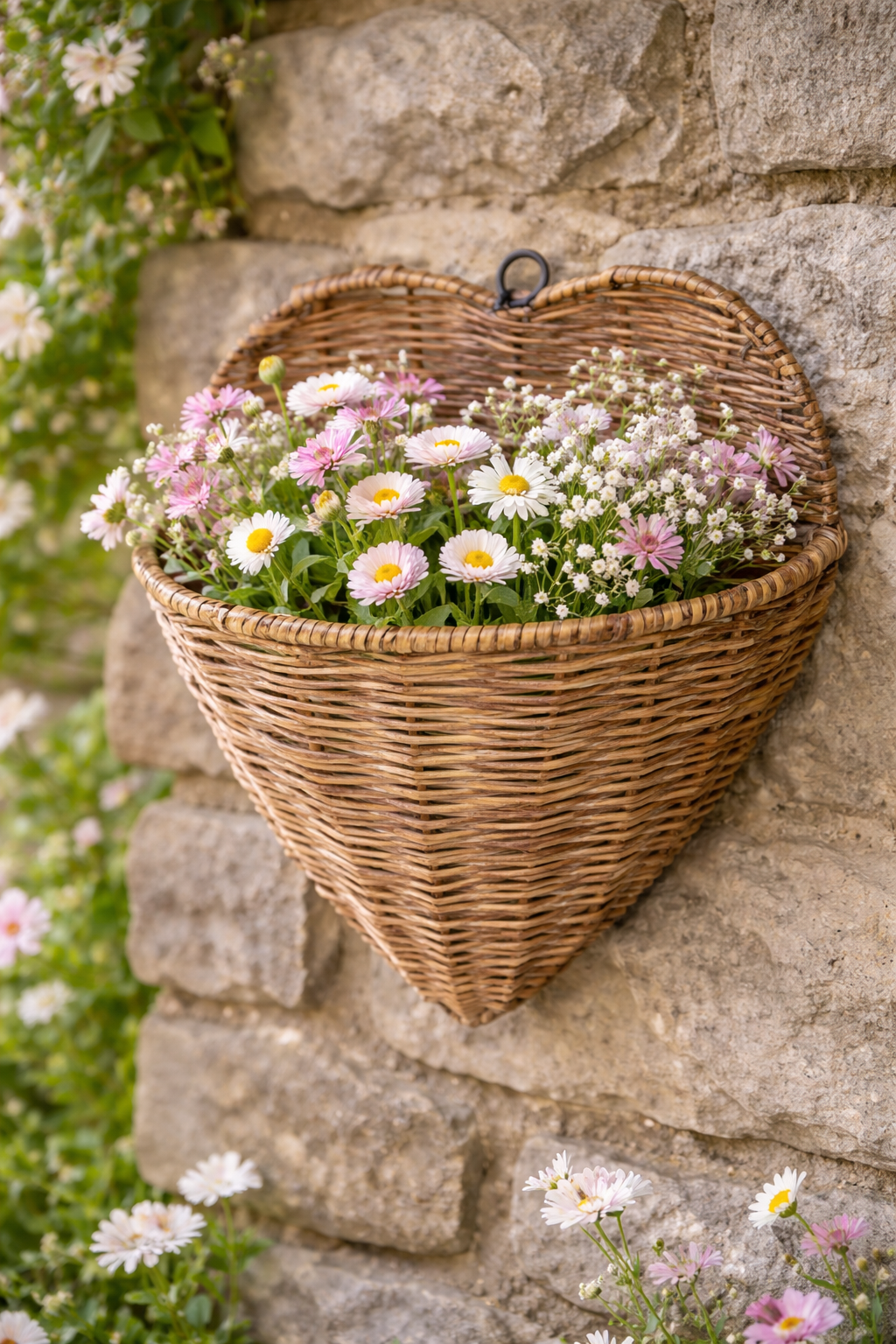 Mezzo Cesto Cuore da Parete in Vimini Nuvole di Stoffa