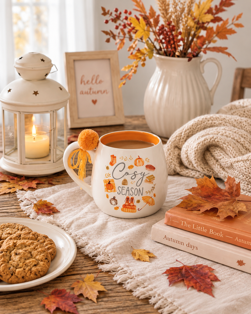 Tazza Mug Autunnale in Ceramica "Cosy Season" con Pompom Arancione