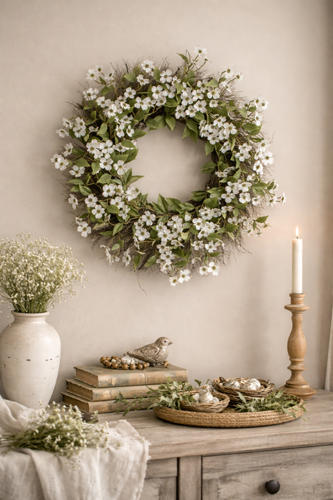 Corona Decorativa in Corniolo con Fiorellini Bianchi 61 cm
