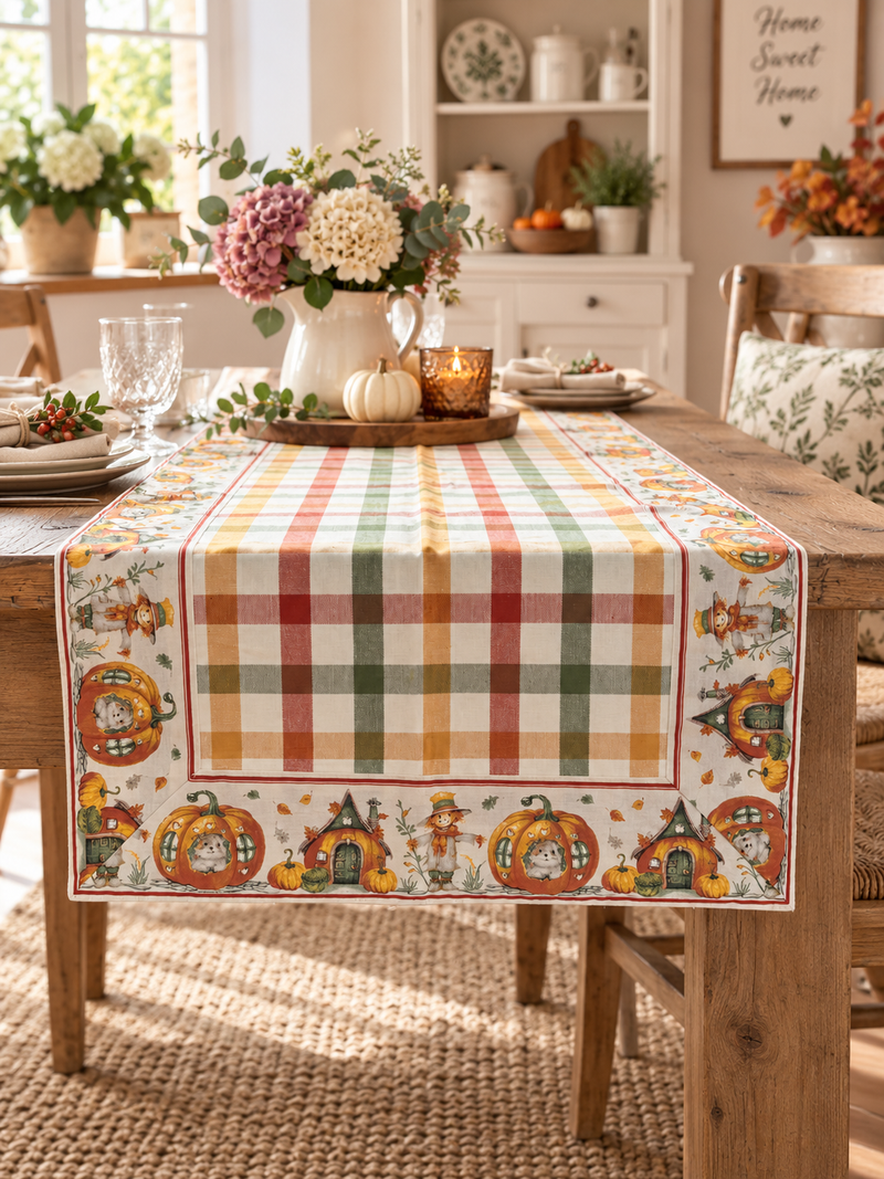 Runner da Tavola Autunnale 45x140 cm con Zucche e Spaventapasseri
