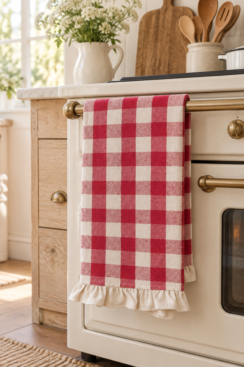 Canovaccio da cucina a quadri rosso con gala 50 x 70 cm