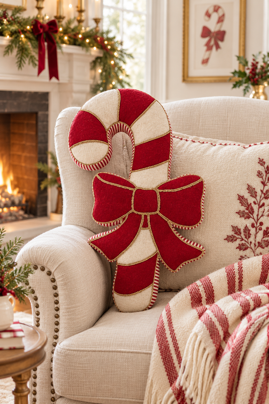 Cuscino natalizio Candy Cane con fiocco rosso 30 x 48 cm- Blanc Mariclò