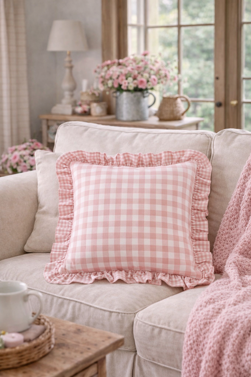 Federa Cuscino Quadri Rosa 40x40 cm con Volant Stile Cottage