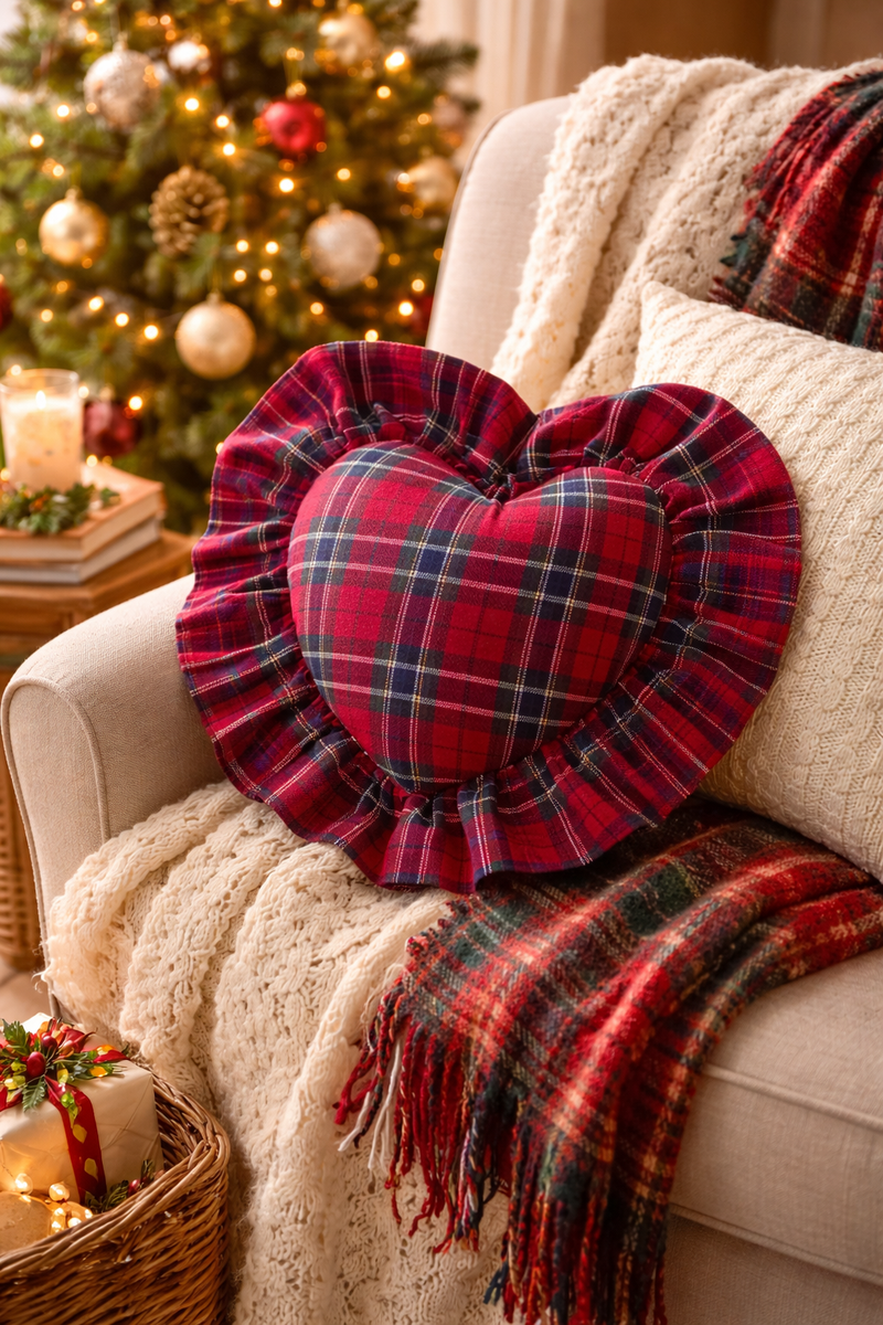 Cuscino a Cuore Tartan con Gala 35x35 cm Blanc Mariclò