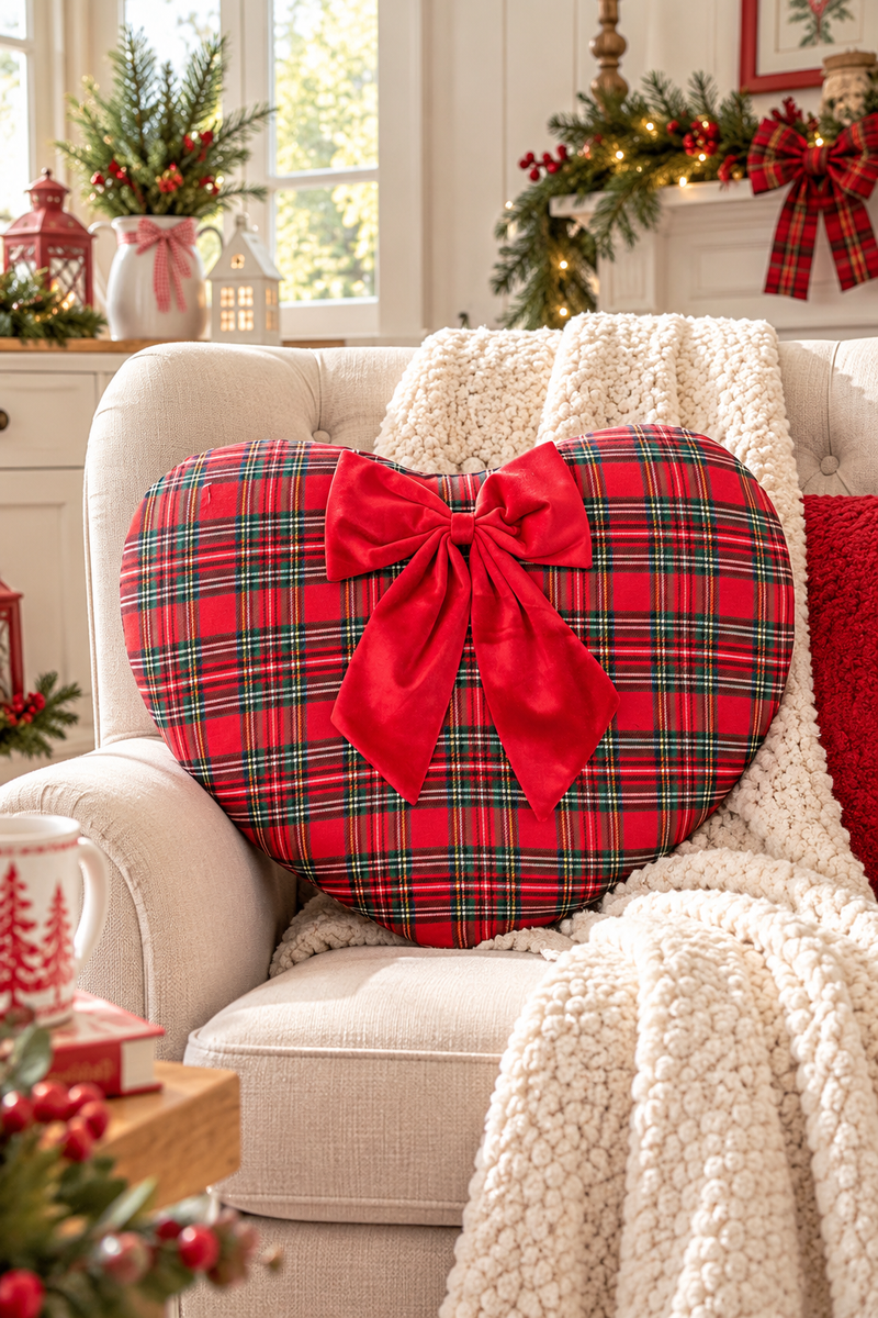 Cuscino a Cuore Tartan 40 cm con Fiocco in Velluto Rosso