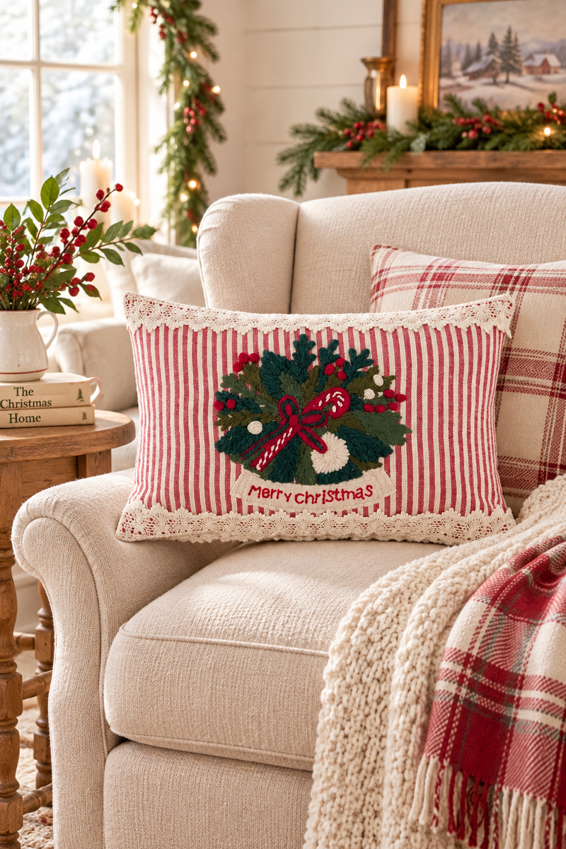 Cuscino Natalizio Happy Xmas con Ghirlanda Ricamata 30x45 cm – Blanc Mariclò