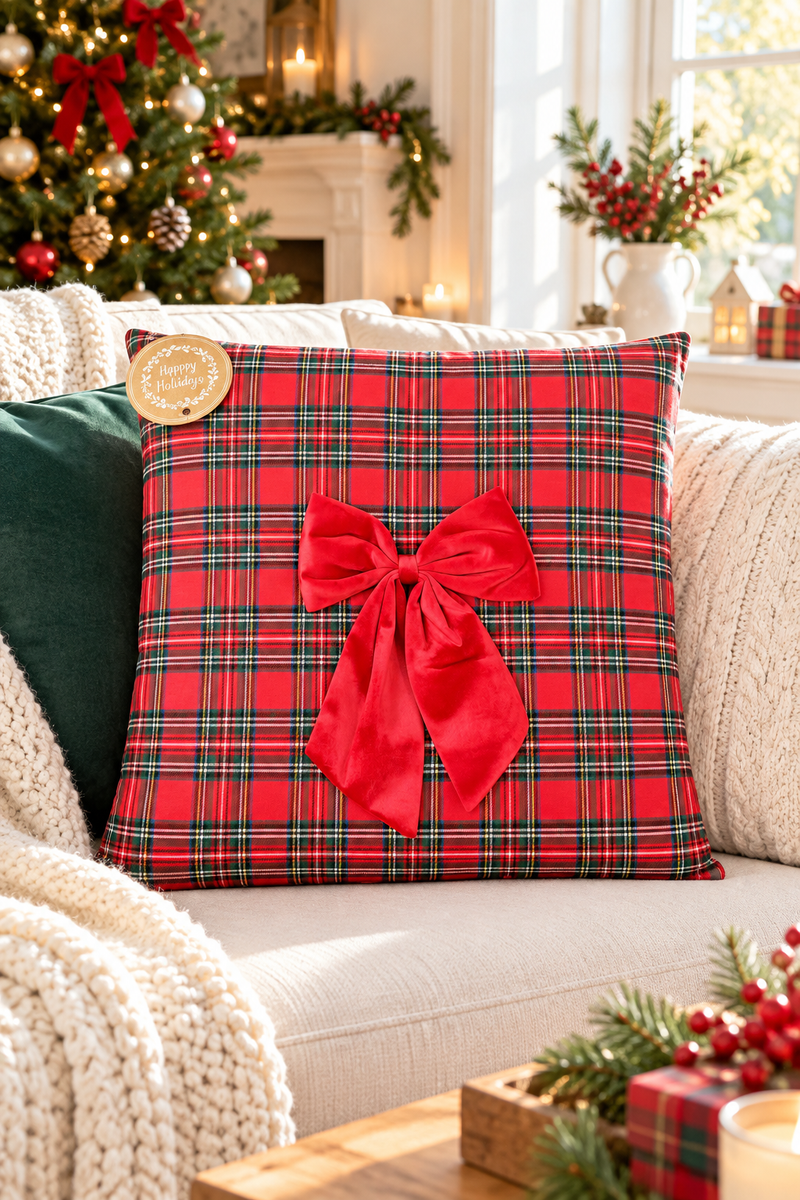 Cuscino Quadrato Tartan Rosso 45 cm con Fiocco in Velluto