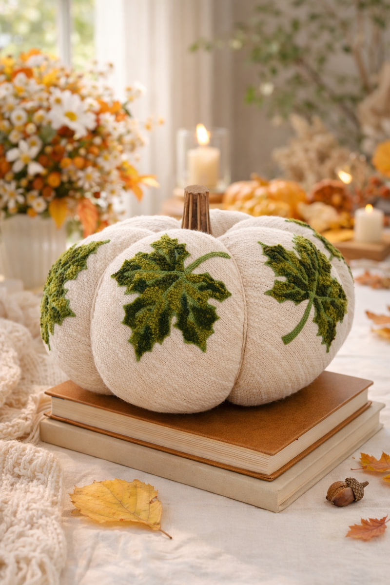 Zucca Decorativa con Foglie Verdi 24x24x14 cm Blanc Mariclò