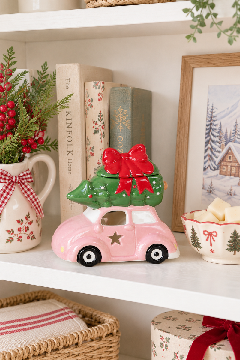 Bruciatore per Oli e Cere Auto Rosa con Albero di Natale H 13,5 cm